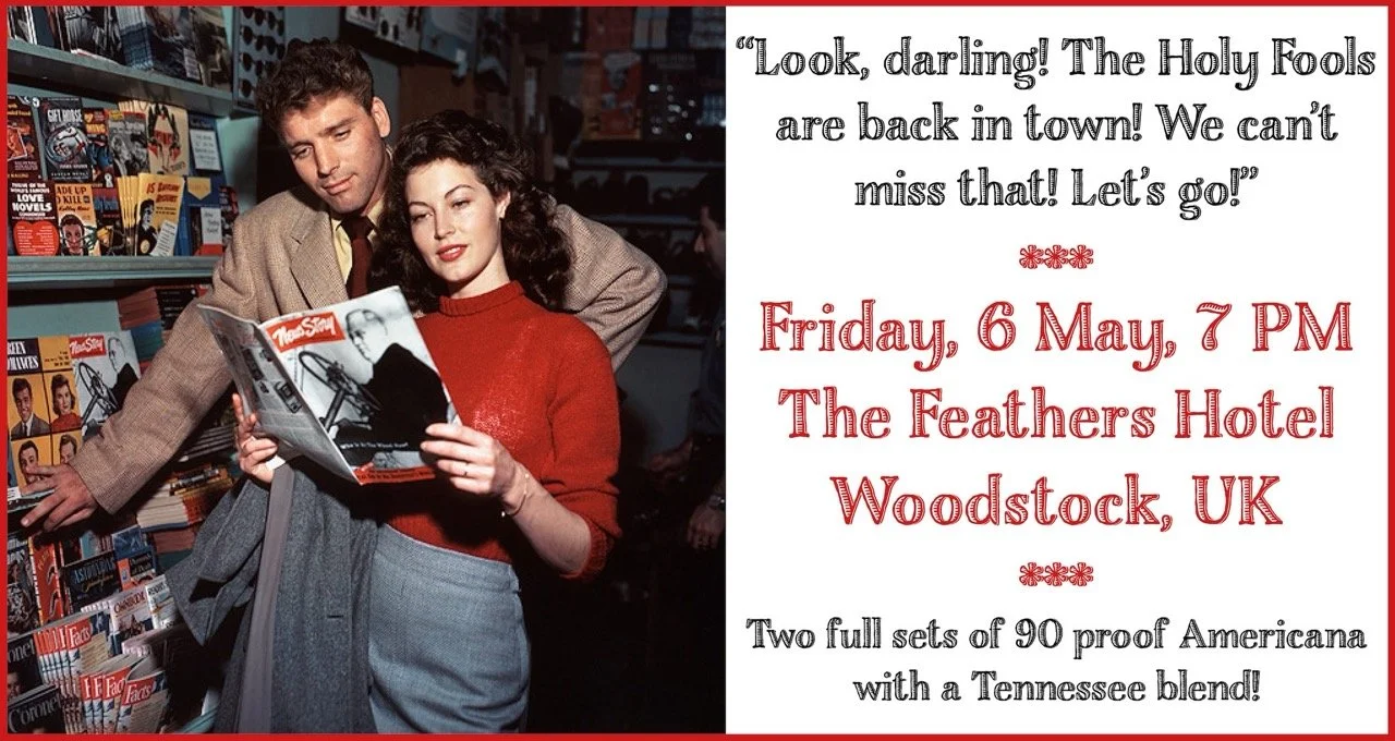 A vintage photo of a man and woman in a bookstore, with the woman holding and looking at a magazine featuring a man in a tuxedo on the cover.