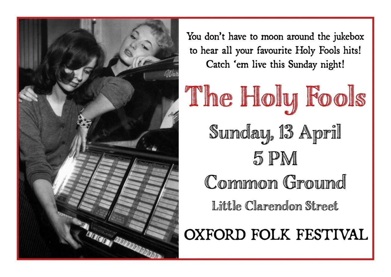 Black and white photo of two women at a jukebox, one leaning on the other, for the Oxford Folk Festival event poster.