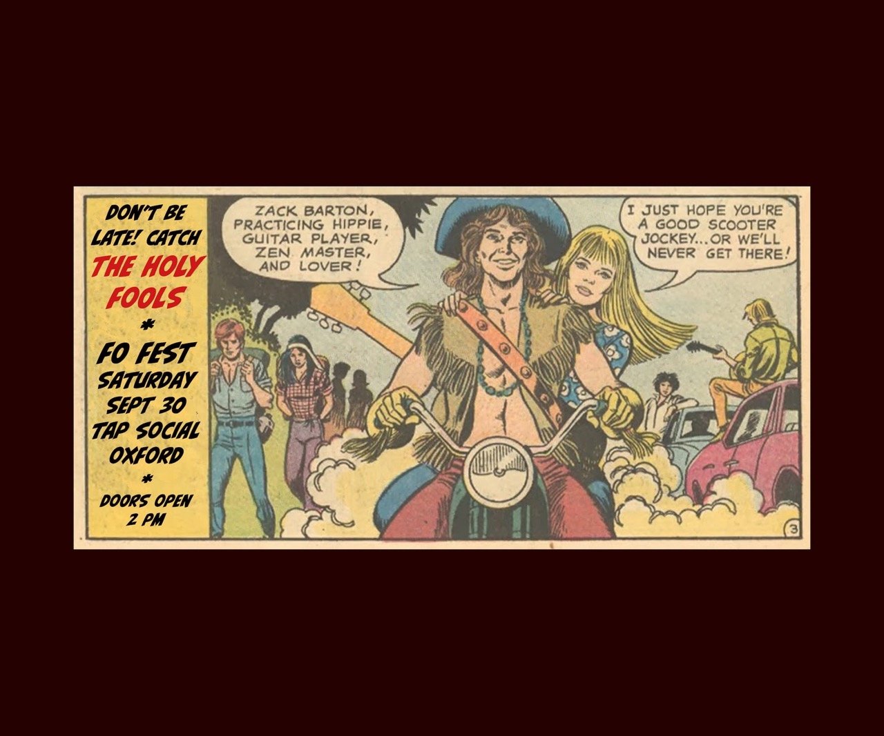 Vintage comic-style illustration promoting a music festival with people gathered around a woman riding a motorcycle, with some playing guitar and others standing in the background.