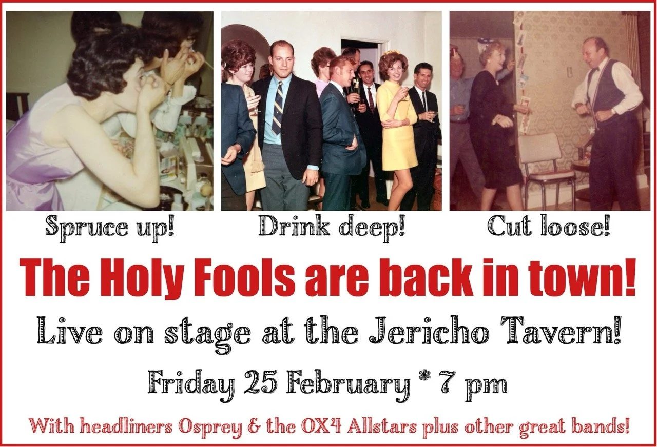A promotional flyer for a live music event featuring bands Osprey & the OX41 Allstars, held at the Jericho Tavern on February 25 at 7 pm. The flyer includes three vintage photos with captions: "Spruce up!" showing women applying makeup, "Drink deep!"