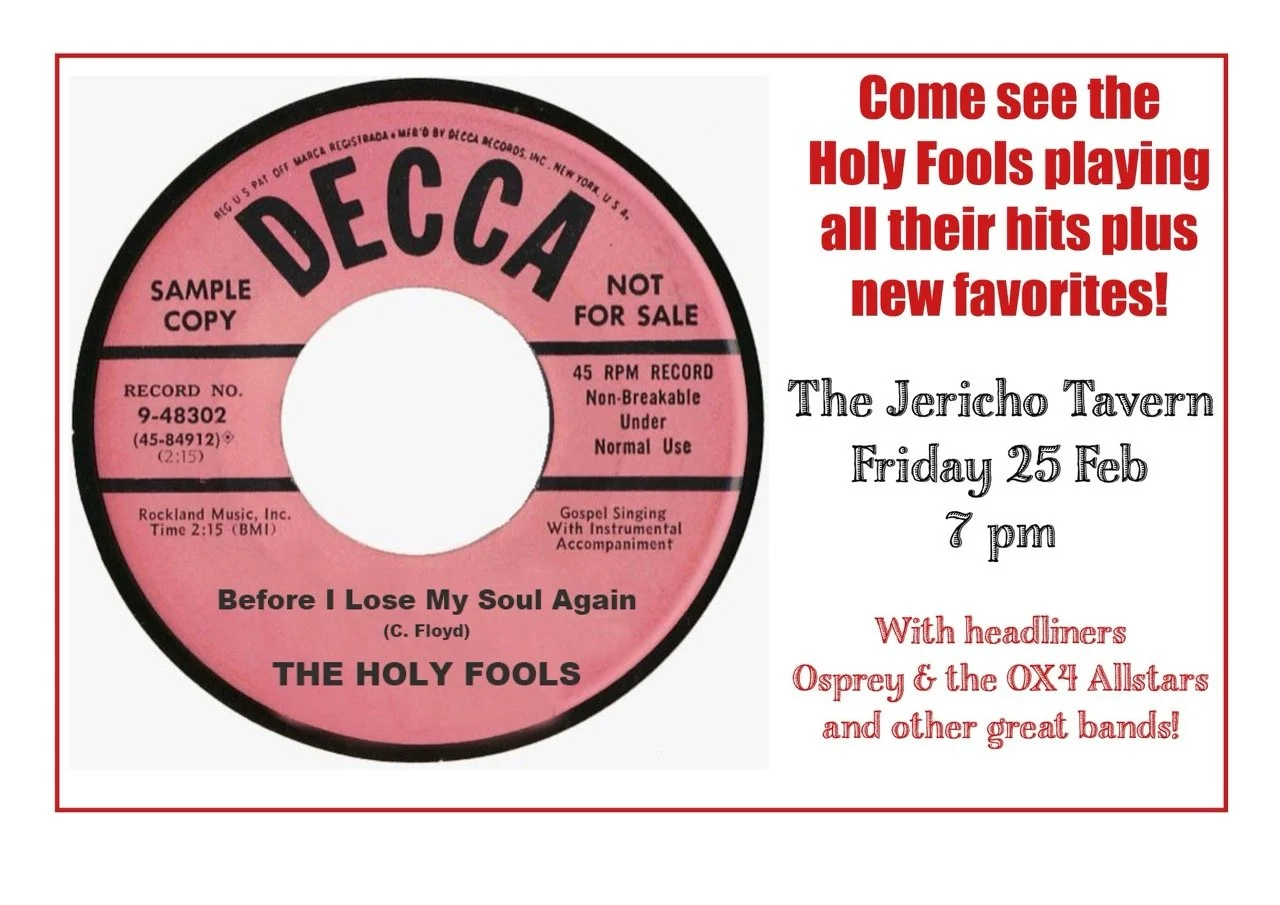 A pink Decca record label next to an event flyer with red and black text about a performance by The Holy Fools at The Jericho Tavern on February 25th at 7 pm, featuring headliners Osprey & the OX4 Allstars and other bands.