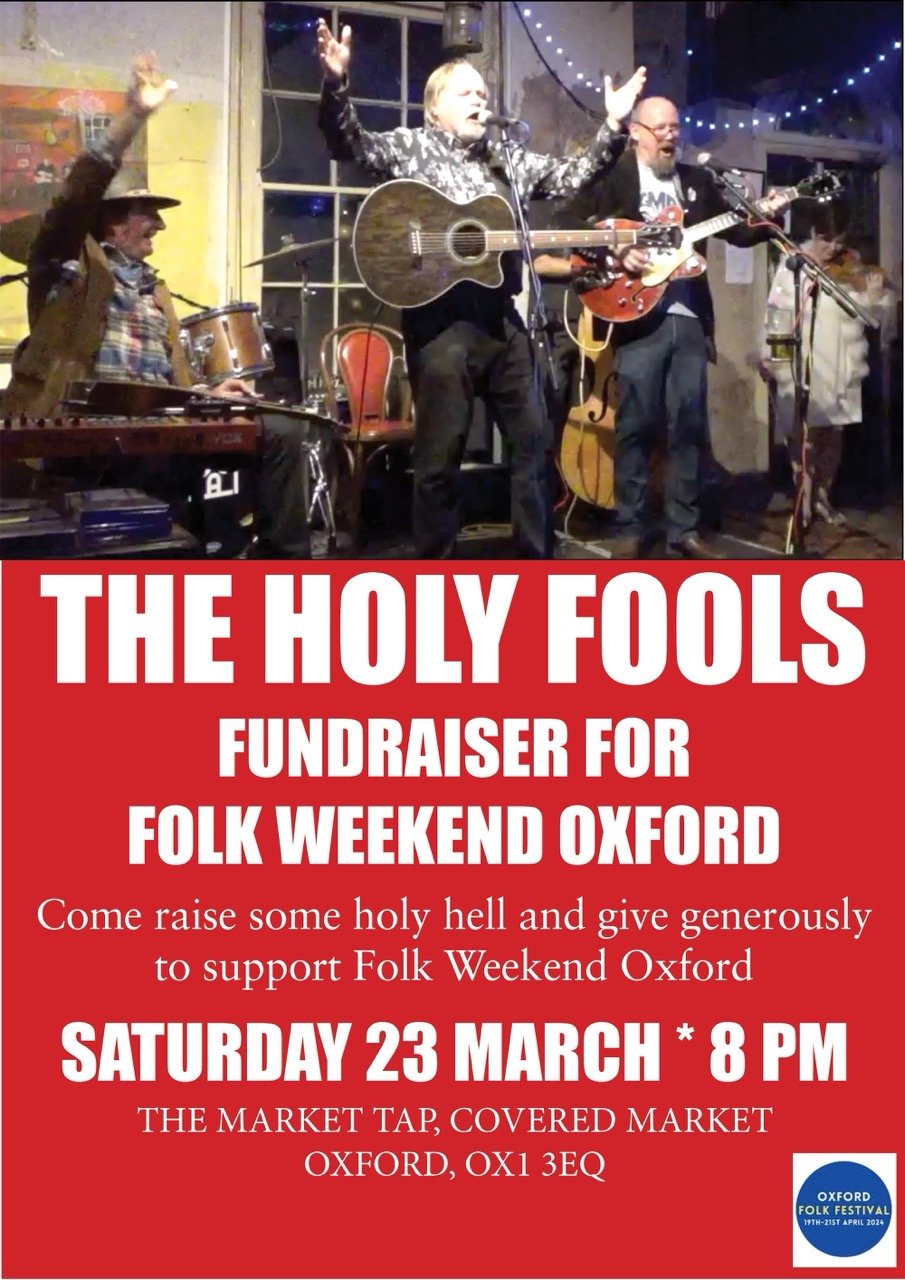A live band performing on stage with three musicians, one singing and playing guitar, another playing keyboard, and a third with a bass guitar. The event is for a fundraiser supporting Folk Weekend Oxford, scheduled for Saturday, March 23, 8 PM at Th