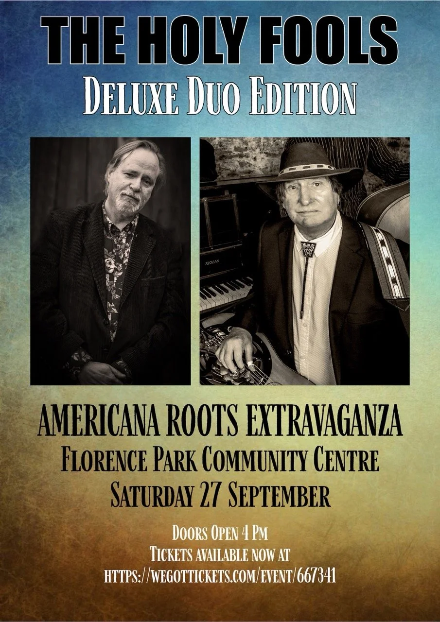Event poster for 'The Holy Fools' Deluxe Duo Edition' concert at Florence Park Community Centre on Saturday, September 27. Features black-and-white photos of two musicians, one playing a keyboard and the other holding a guitar, with details about the
