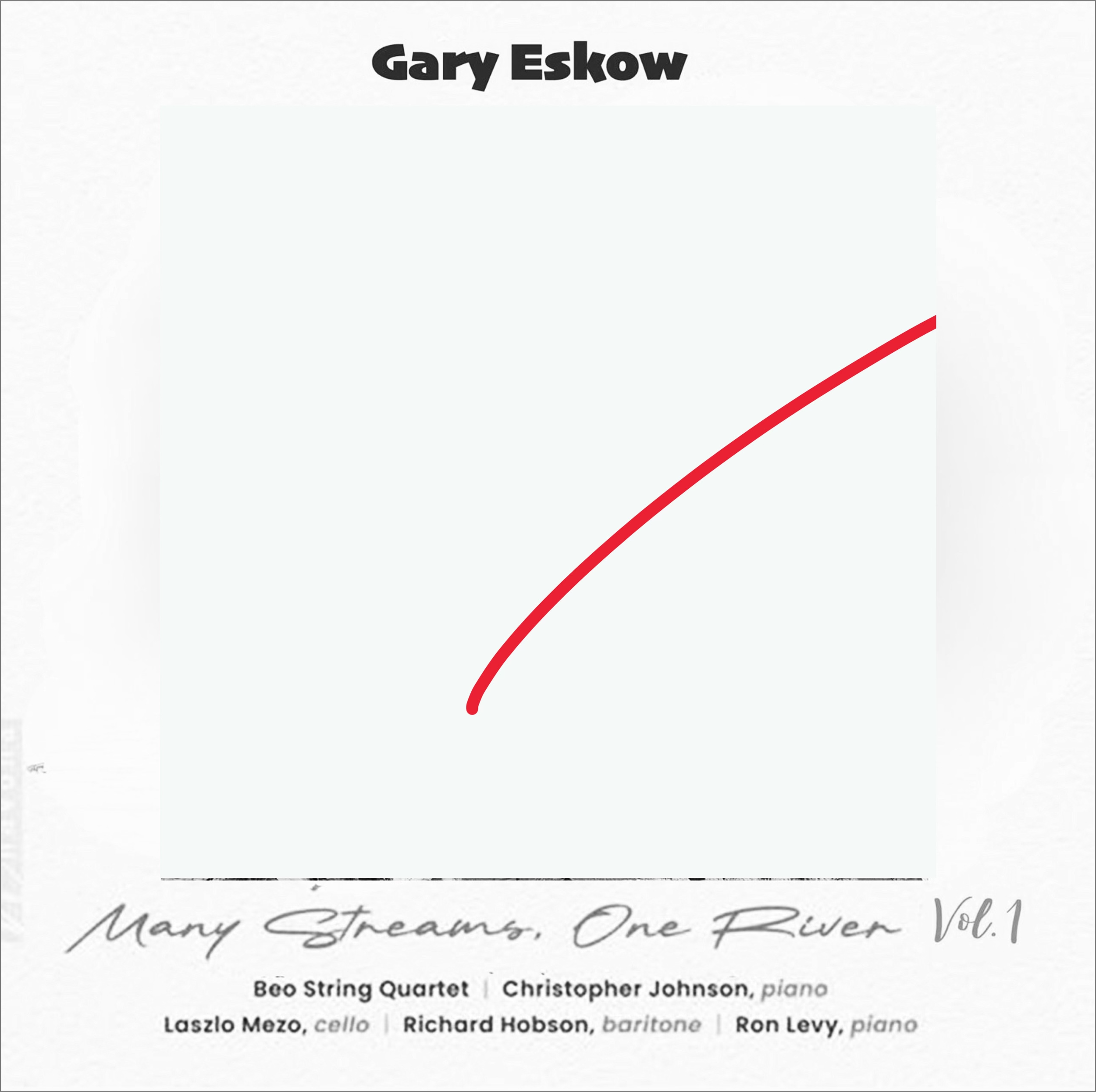 Album cover titled "Mary Streams, One River Vol.1" featuring a simple light green background with a red curving line. The title and artists' names, including a string quartet and pianists, are listed at the bottom.