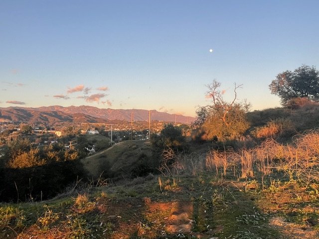 A hilly landscape at sunset with orange and pink hues in the sky, shrubs and trees on the hillside, and mountains in the background under a clear sky with the moon visible.