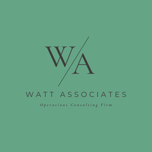 A green background featuring the Watt Associates logo with the initials 'W' and 'A' separated by a diagonal dotted line, and the text 'Watt Associates' with a tagline 'Operations Consulting Firm' underneath.