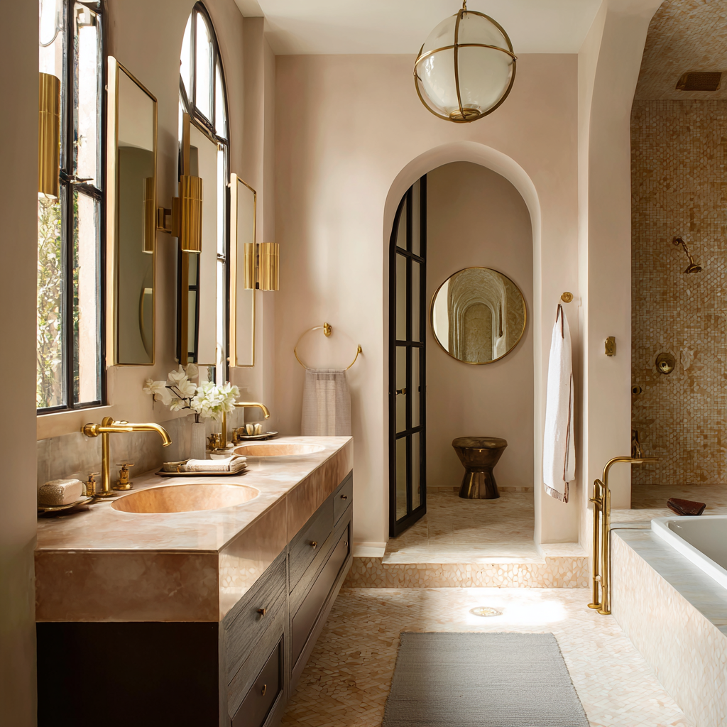 The bathroom features a dual vanity with a marble countertop, gold fixtures, and three mirrors above each sink. To the right, there's a whirlpool tub with gold fixtures, a gray rug, and an arched doorway leading to a separate dry area with a mirror and a small wooden stool. The space has large windows allowing natural light, and the decor includes white towels, a flower arrangement, and gold accents.
