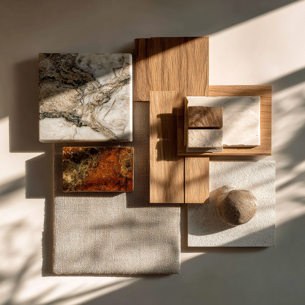 A collection of various styled stones, wooden and fabric materials arranged on a flat surface with sunlight and shadows.