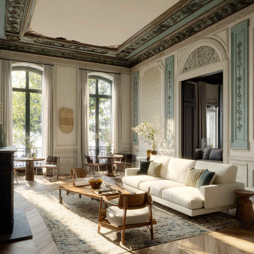 Elegant living room with large windows, white sofa, wooden coffee table, and vintage decor in a historic building.