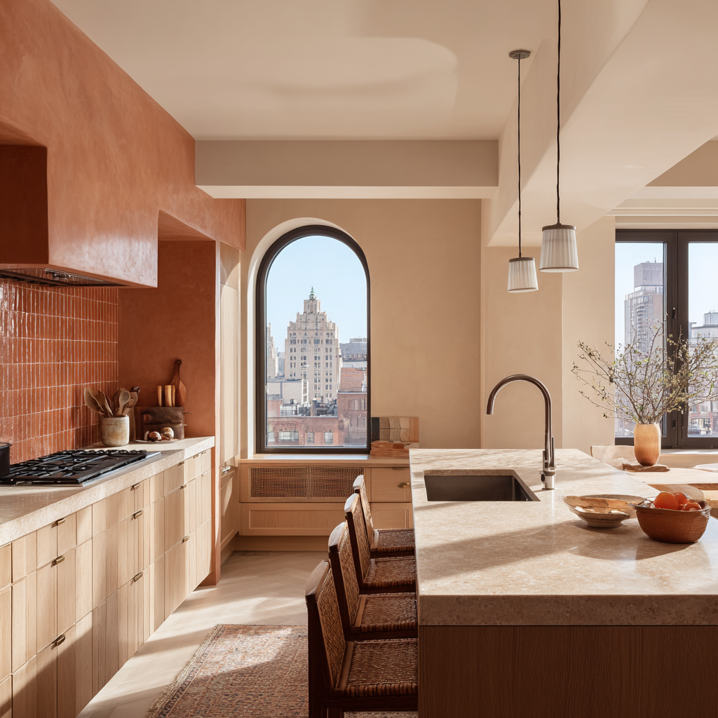Bright modern kitchen with beige and terracotta color scheme, large arched window showing city skyline, kitchen island with a sink, wooden barstools, and decorative items on countertops.
