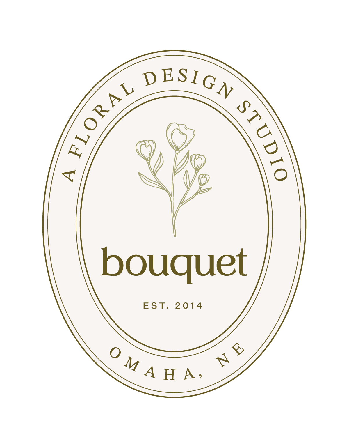 Logo for Bouquet floral design studio with a flower illustration, and text indicating it is located in Omaha, NE, established in 2014.