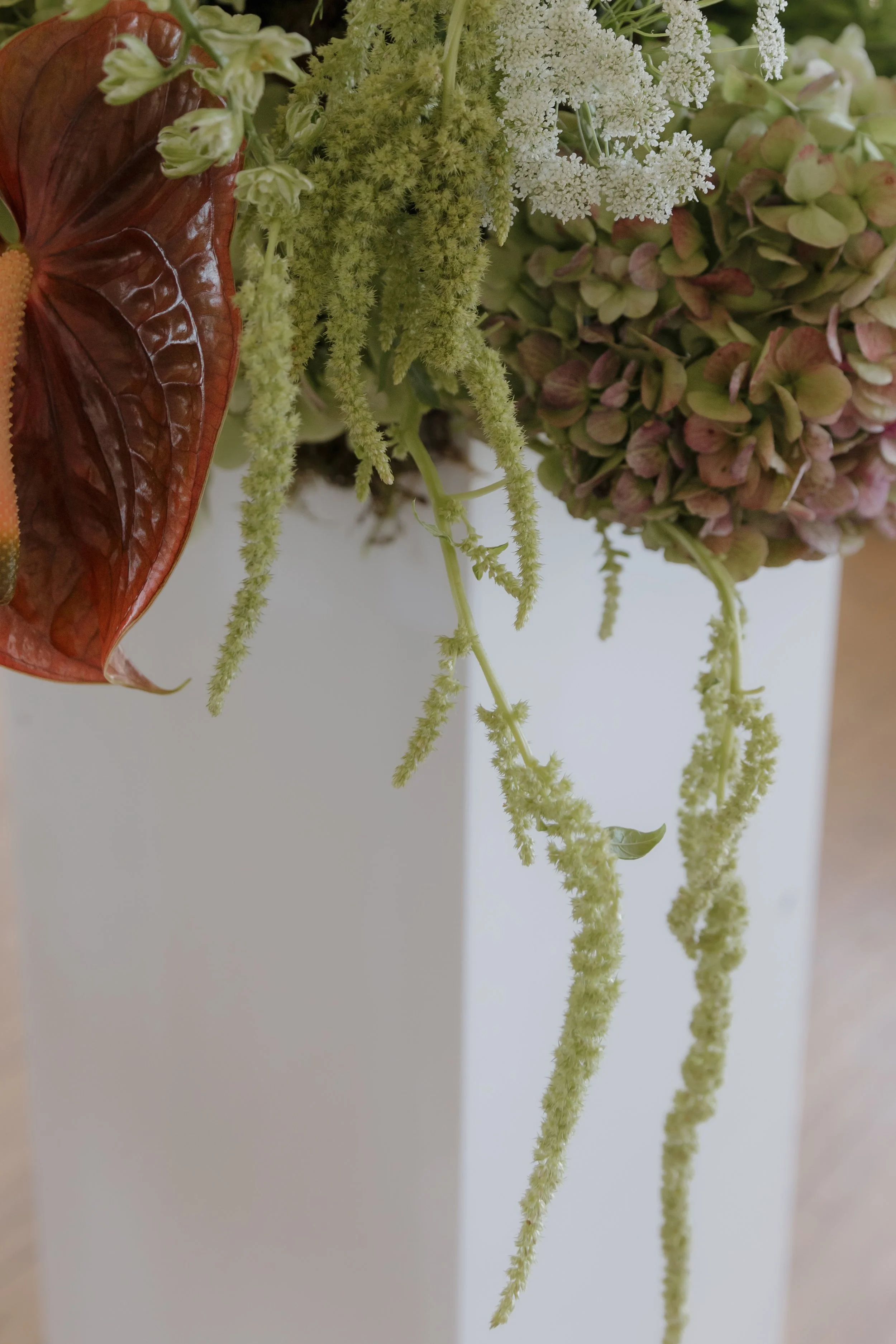Close-up of a floral arrangement with various green and purple flowers and trailing green plants in a white vase.