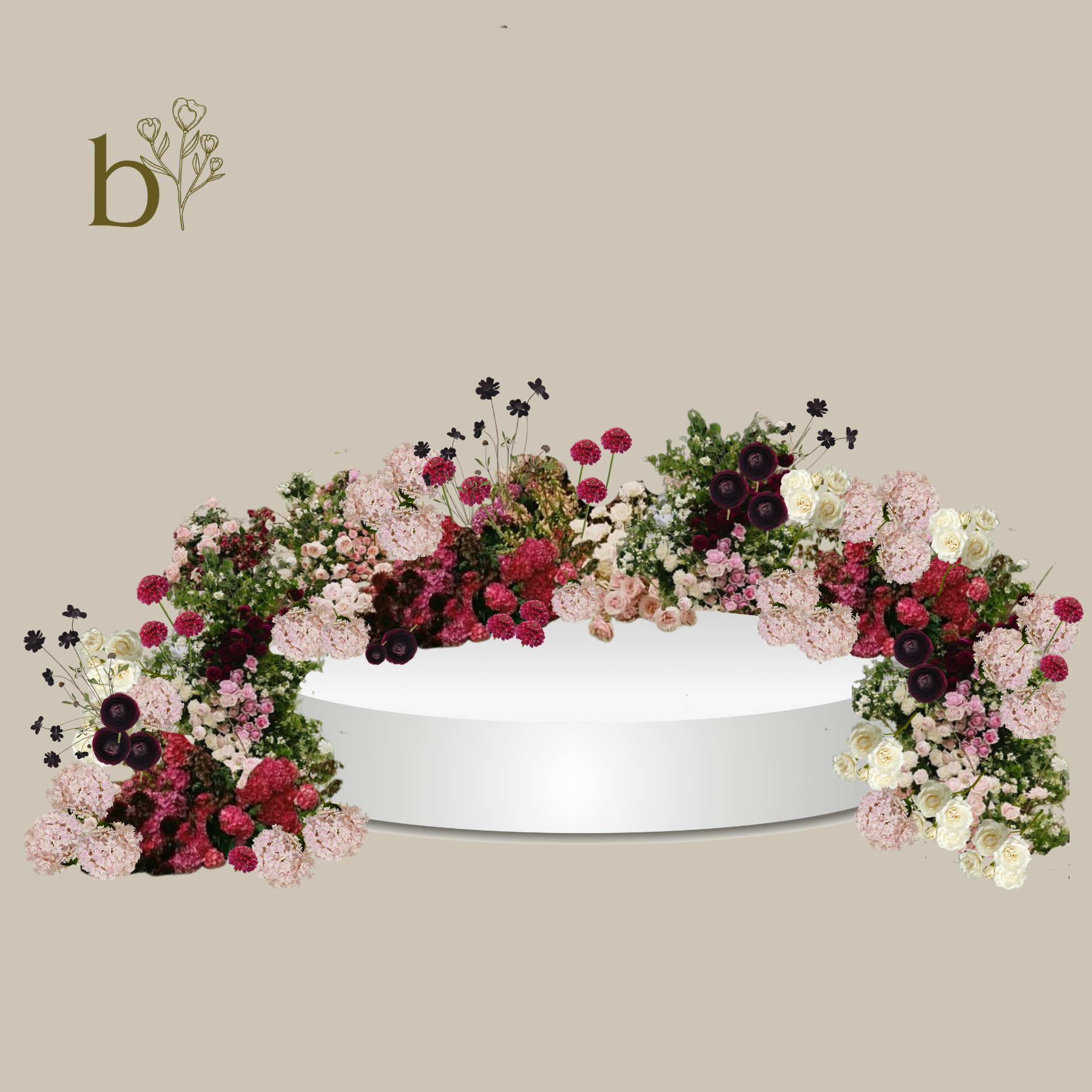 A floral wreath arrangement with pink, white, and dark purple Flowers surrounding a white platform on a beige background.