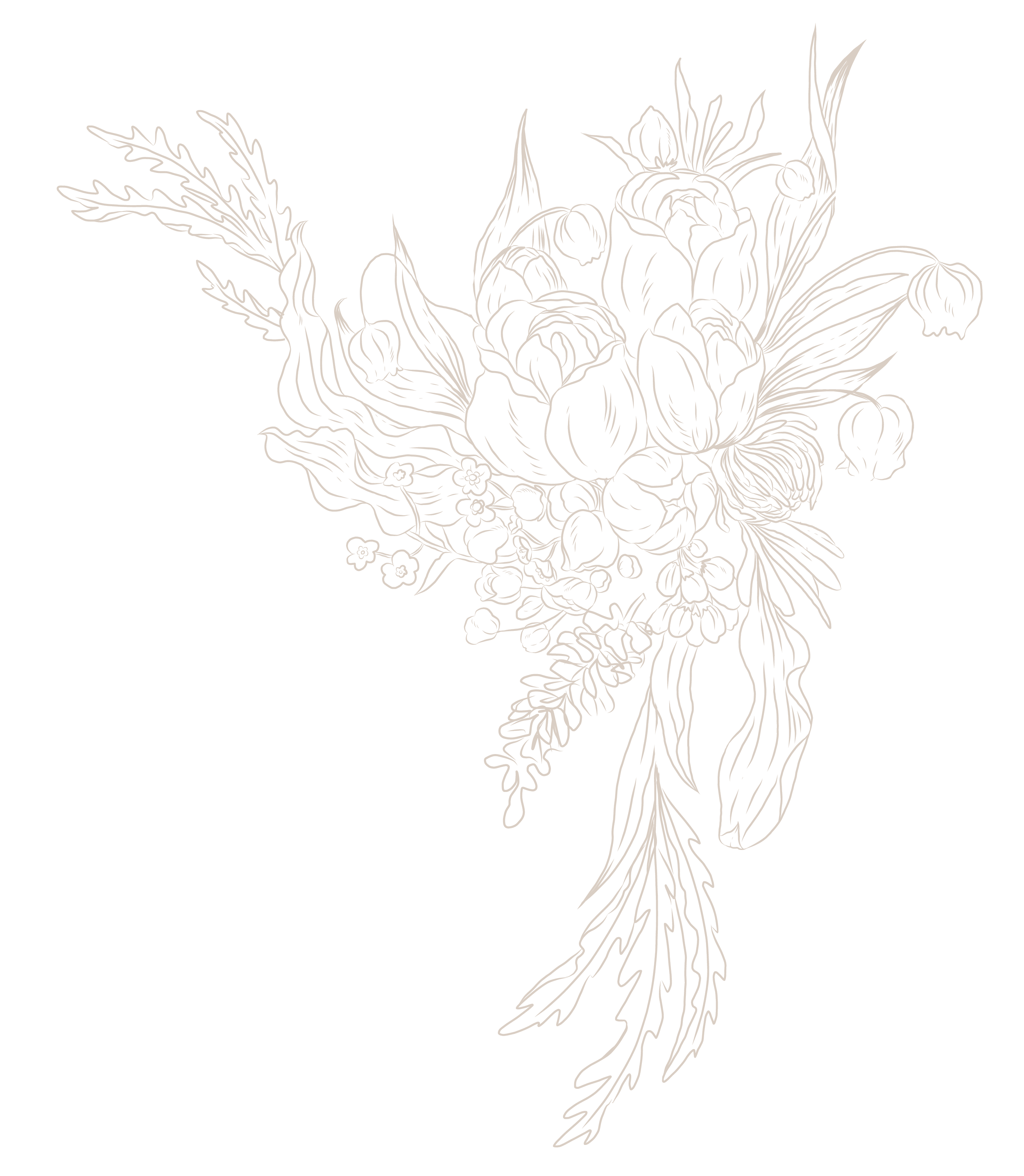 A line drawing of a bouquet of flowers and leaves on a black background.