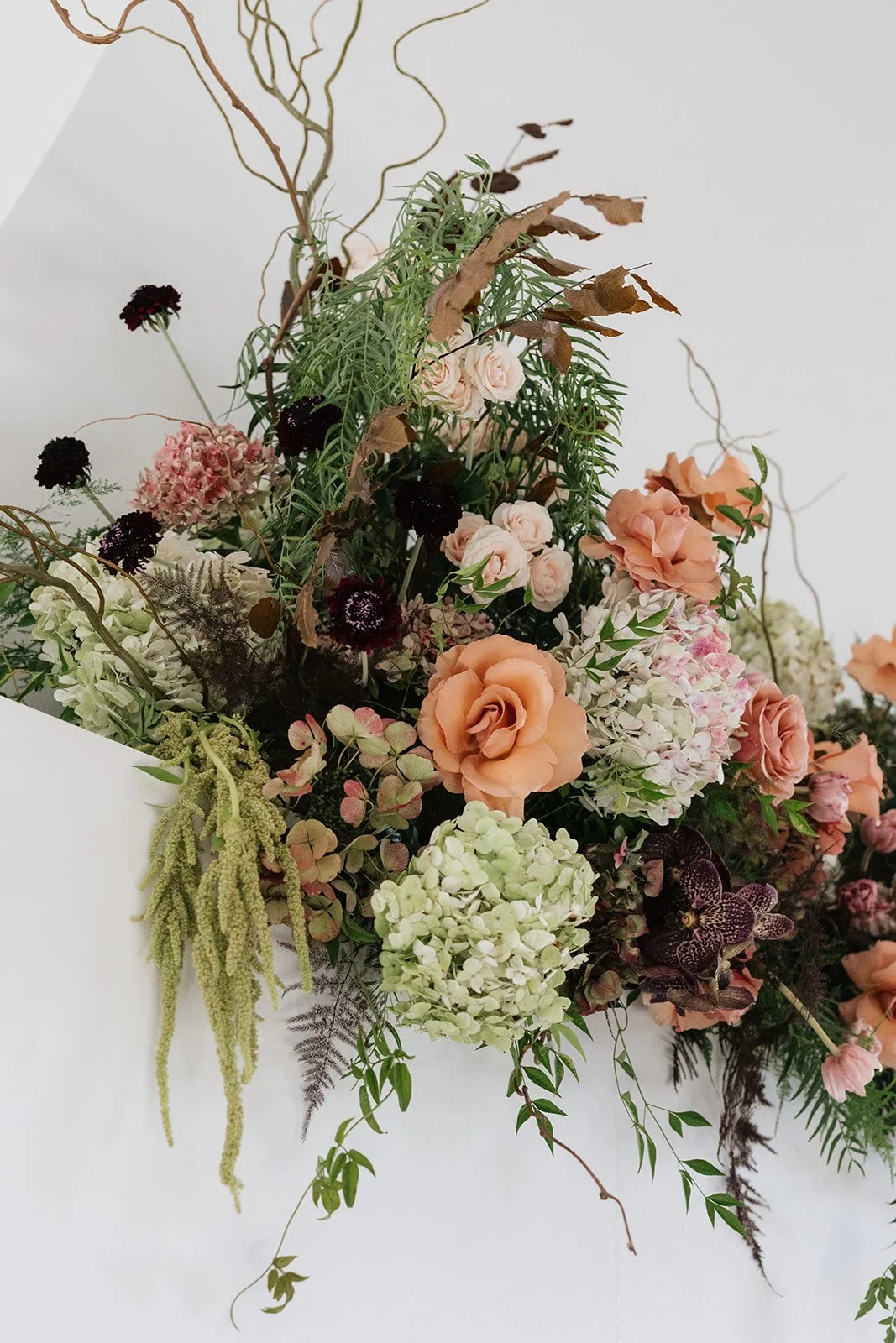 A bouquet of various flowers including peach roses, white hydrangeas, dark purple orchids, and other greenery, arranged against a white wall.