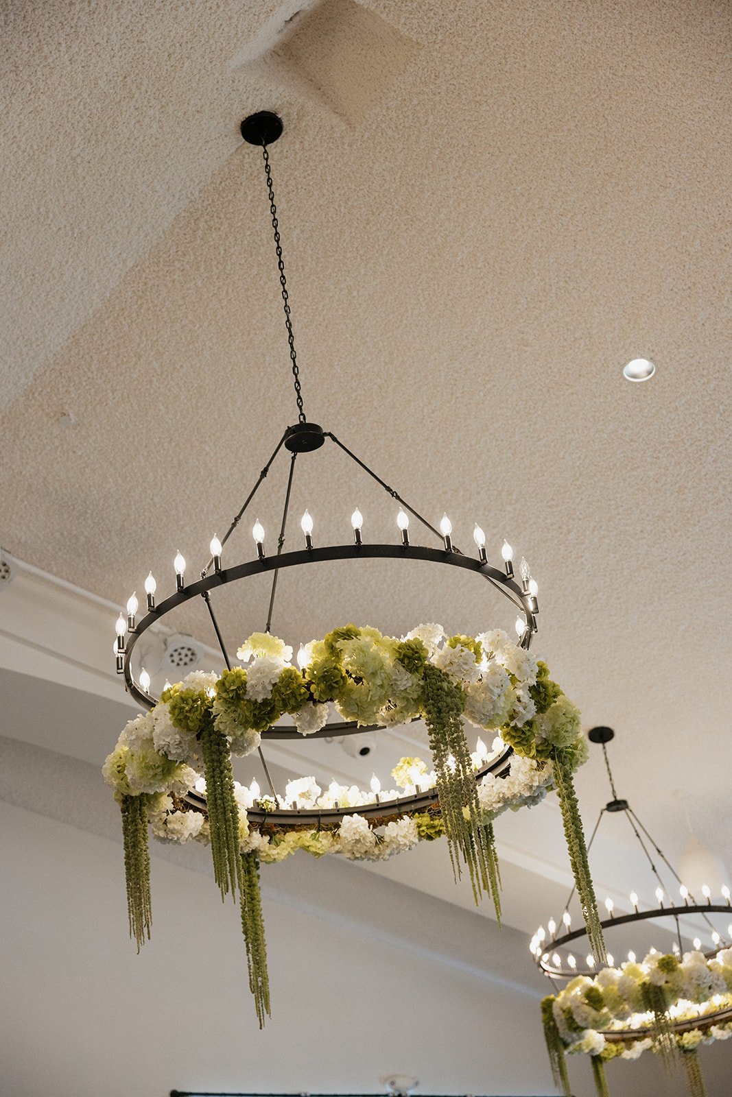 Chandeliers decorated with white and green flowers hanging from a beige ceiling.