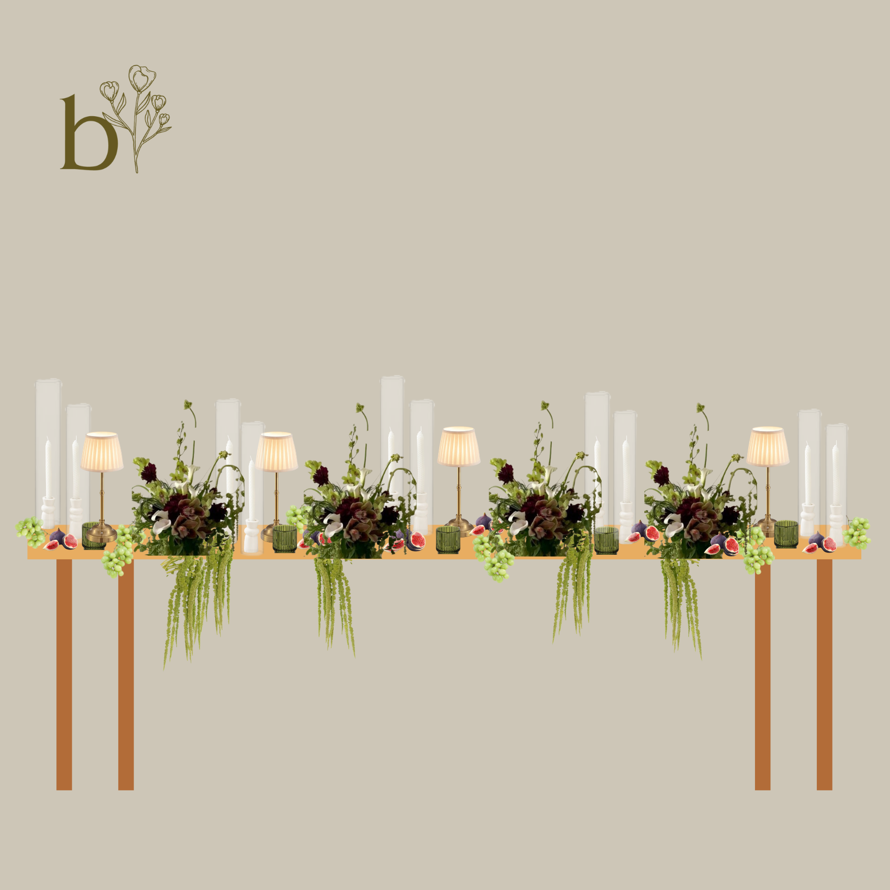 Decorative table with floral arrangements, white candles, small lamps, and scattered grapes and figs on a beige background.