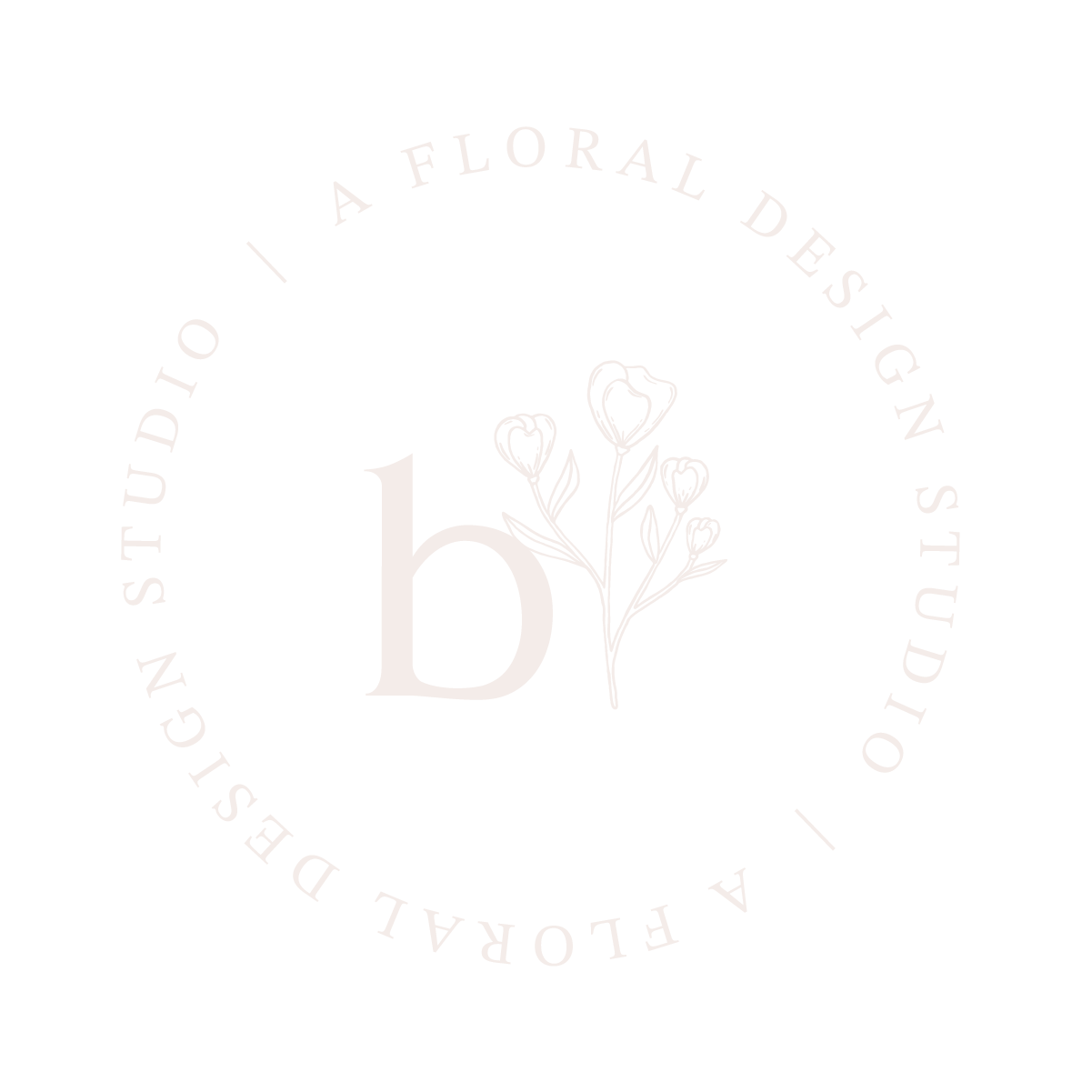 Black circular logo with a white flower illustration in the center, a large letter 'b' to the left, and the text 'A FLORAL DESIGN STUDIO' encircling the flower in white.
