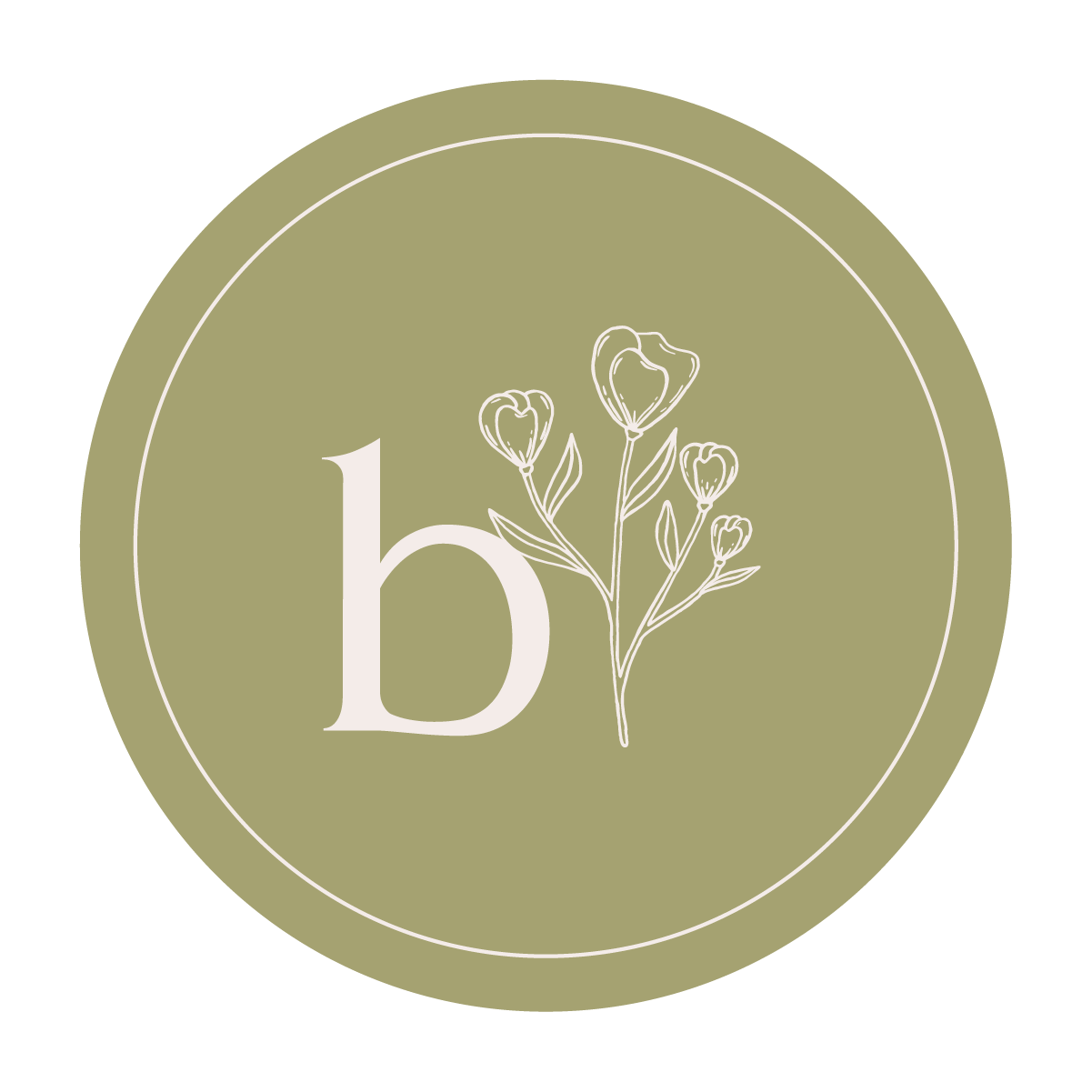 A circular logo with a beige background, featuring a large white lowercase letter 'b' and a simple line drawing of a small plant with flowers next to it.