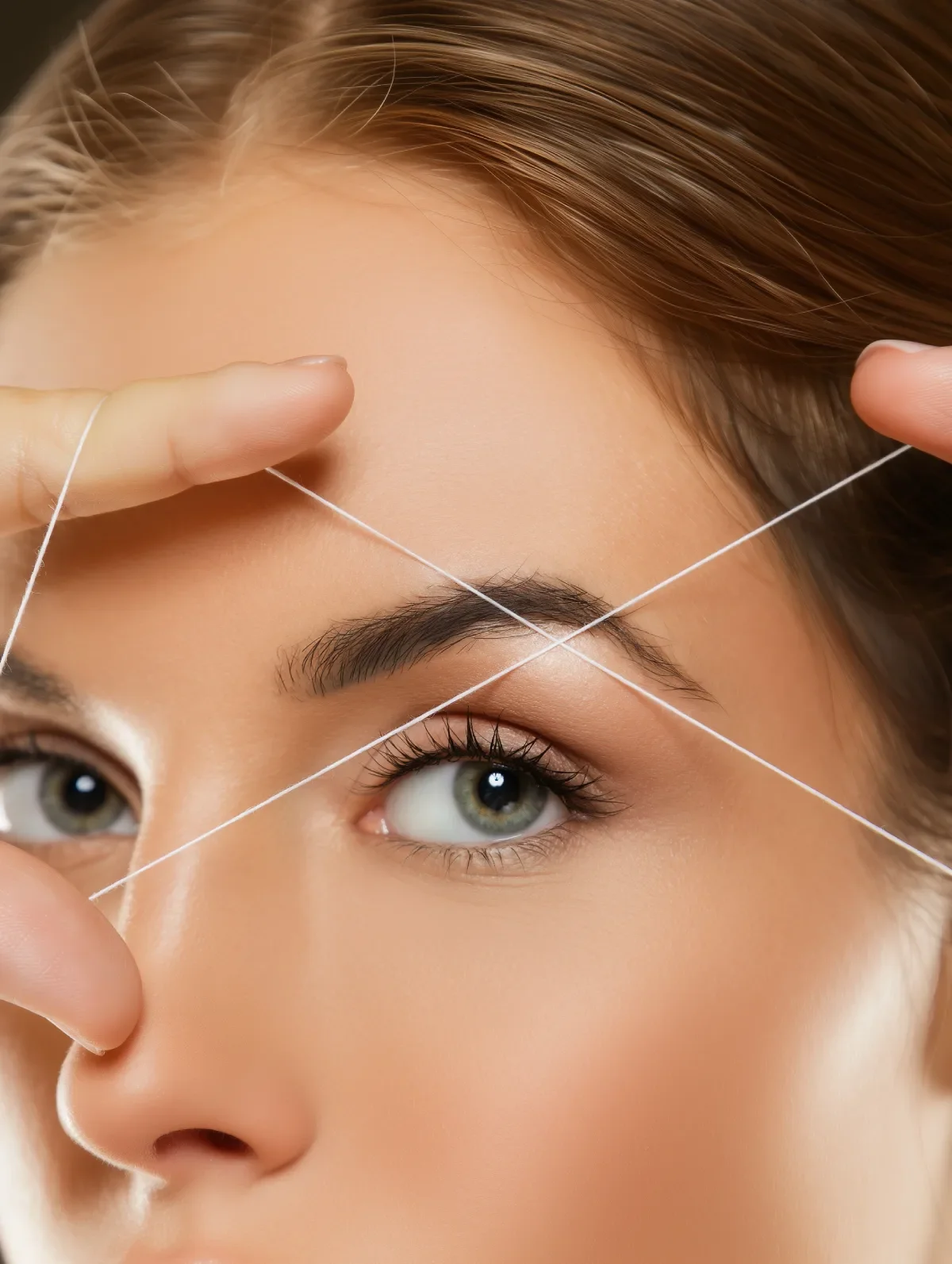 Close-up van een vrouw met eyeliner, waarop ze wit draadje spant over haar gezicht terwijl ze haar wenkbrauw en neus vasthoudt.