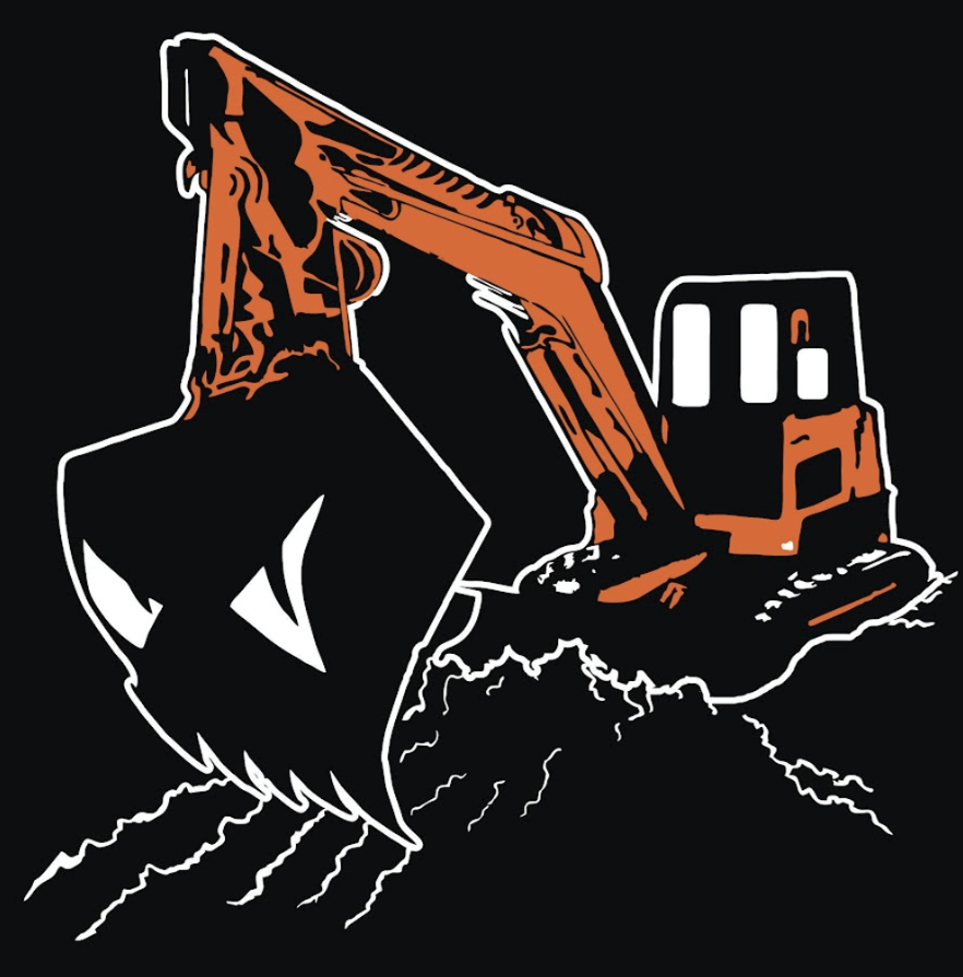 Illustration of an excavator in orange and black, with a stylized black and white cat face in the front, set against a black background.