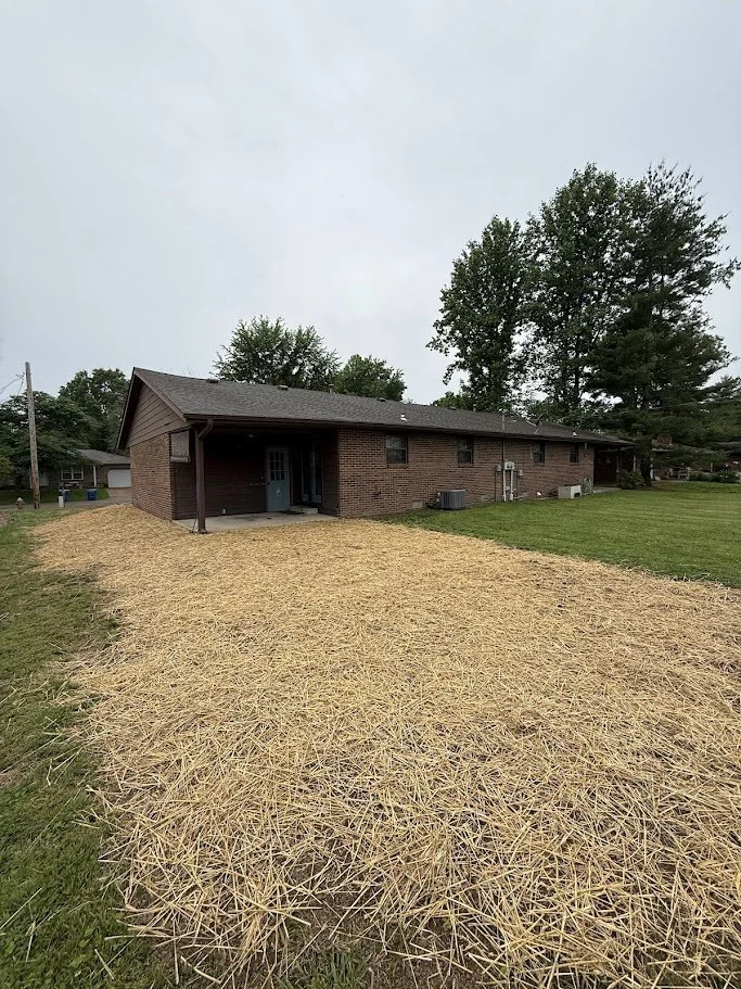 Backyard of a brick house with a section of freshly laid straw or mulch, and green grass.