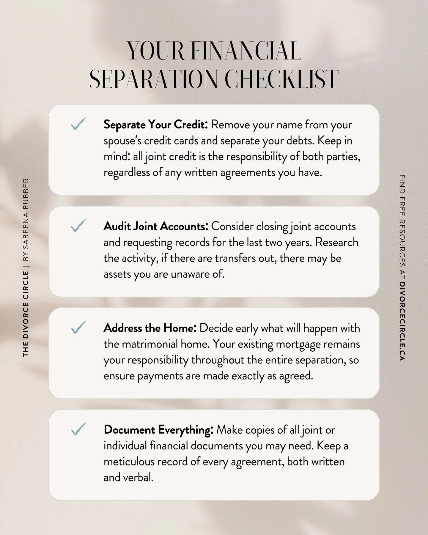Your financial separation checklist ✨⁠ ⁠
⁠
Protecting your future starts with untangling your past. When you&rsquo;re navigating a divorce, finding your financial footing is just as critical as finding your emotional peace. 📔✨⁠
⁠
In The Divorce Circ