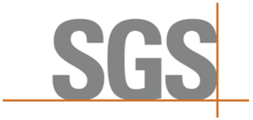 SGS logo in gray on a white background with orange guide lines