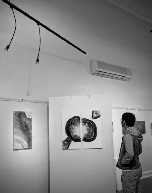 A person viewing abstract artwork in a gallery with white walls, a split canvas painting of a circular object, hanging pictures, and an air conditioning unit on the wall.