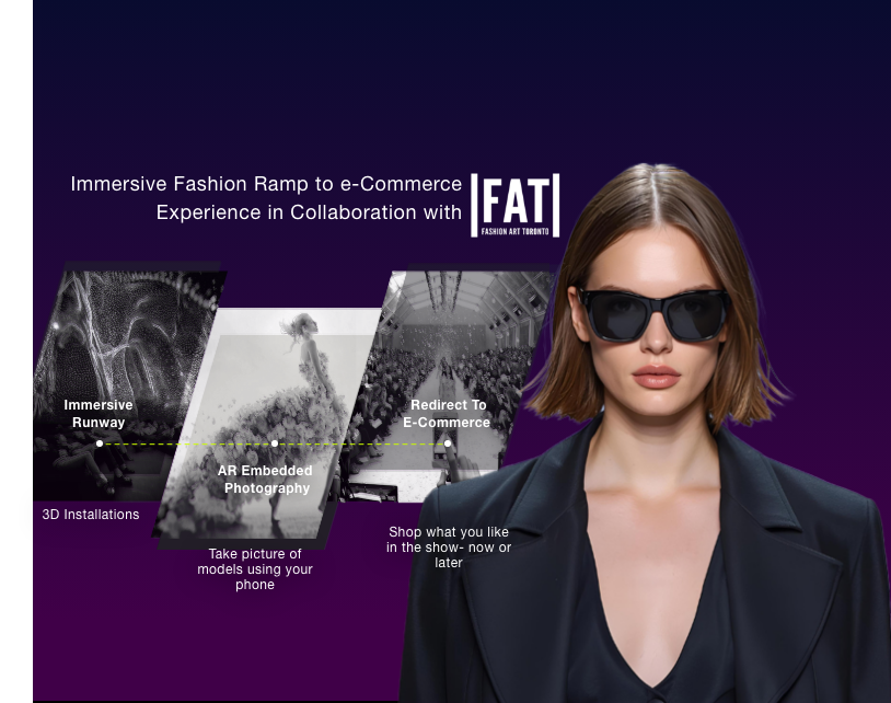 Digital advertisement for a fashion and e-commerce collaboration, showing a woman wearing sunglasses and a black outfit, with graphics explaining immersive fashion experiences and e-commerce integration.