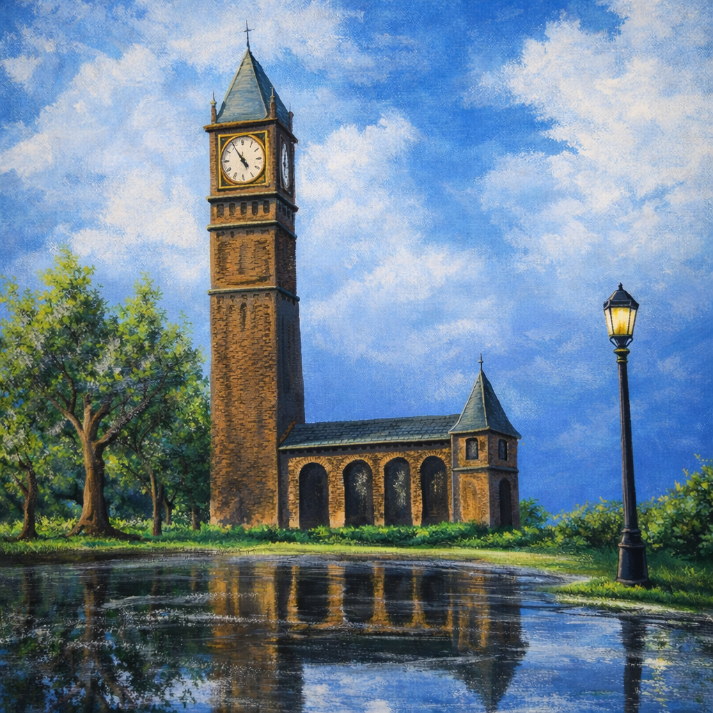 acrylic painting of a watch tower