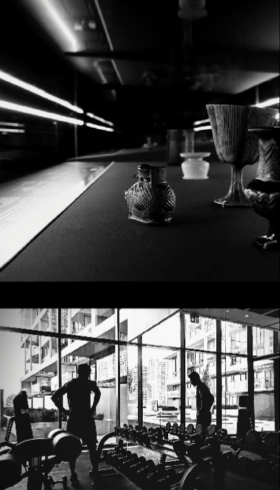 The top part shows a close-up of a table with salt and pepper shakers, a glass, and a napkin holder in a dimly lit setting. The bottom part shows people working out with dumbbells in a gym with large windows revealing city buildings outside.