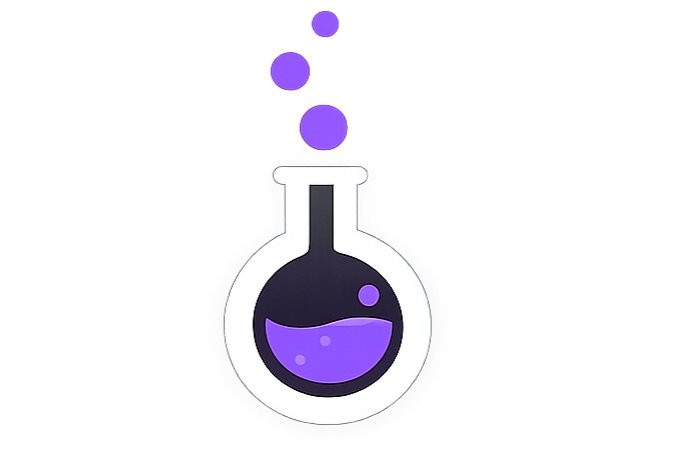 A stylized illustration of a chemistry lab flask with purple liquid inside, bubbles rising from the top.