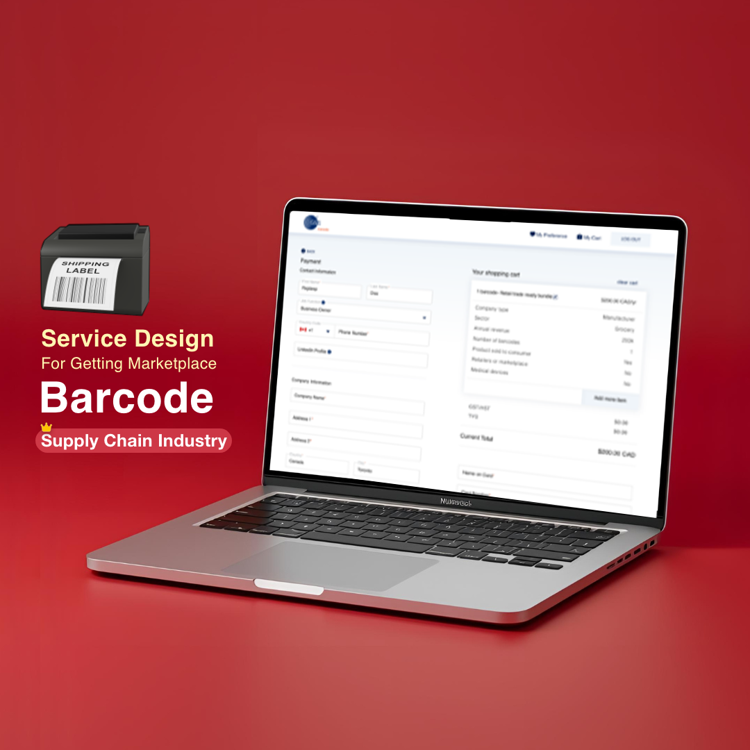 A laptop displaying an online shopping or checkout website on a red background. To the left, there is a black barcode printer with the label "Shipping Label." Text on the image reads "Service Design For Getting Marketplace Barcode Supply Chain Industry."