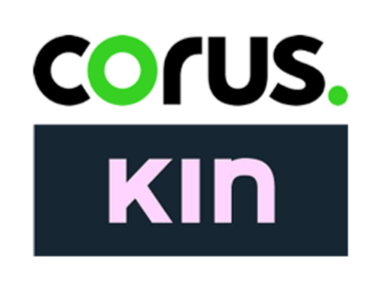 Logo with the word 'corus' in black and green, and a dark blue rectangle containing the word 'kin' in pink.