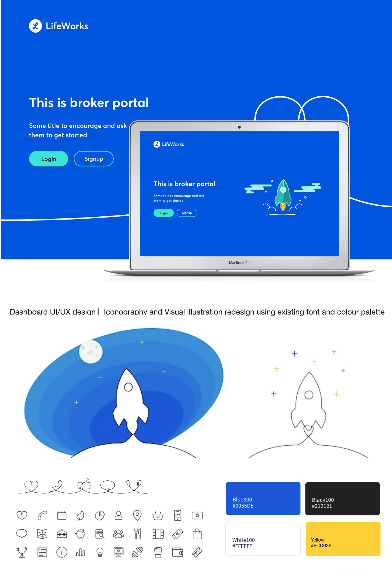 Screenshot of a webpage titled 'This is broker portal' by LifeWorks, showing login and signup buttons, with an illustration of a rocket launching into space and a color palette with blue, black, white, and yellow.