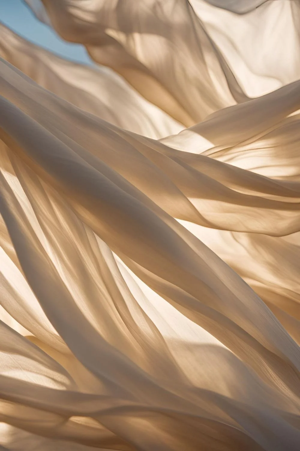 Tecido de algodão claro e macio, com dobras e plissados, ao sol.