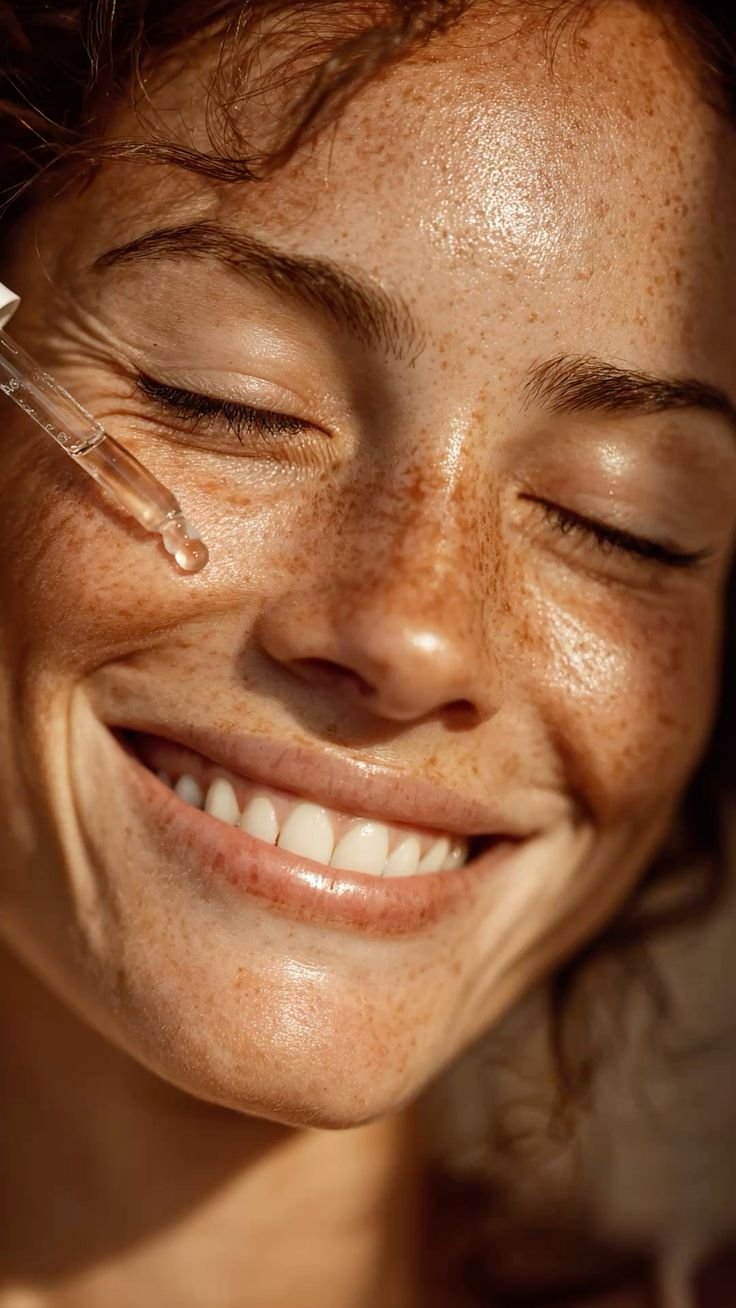 Pessoa com pele naturalmente bronzeada e sardas, sorrindo com olhos fechados, recebendo uma injeção subcutânea na face.