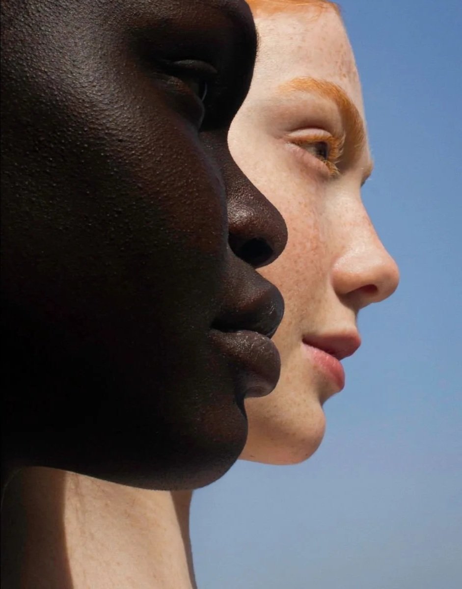 Foto de dois rostos humanos, um com pele escura e outro com pele clara, lado a lado, em perfil, contra um céu azul.