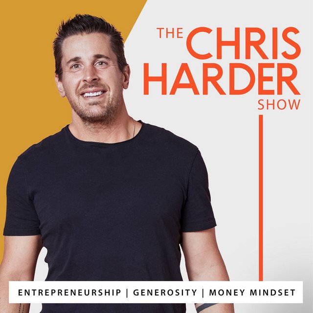 Promotional graphic for the Chris Harder Show featuring a smiling man in a black t-shirt, with text about entrepreneurship, generosity, and money mindset.