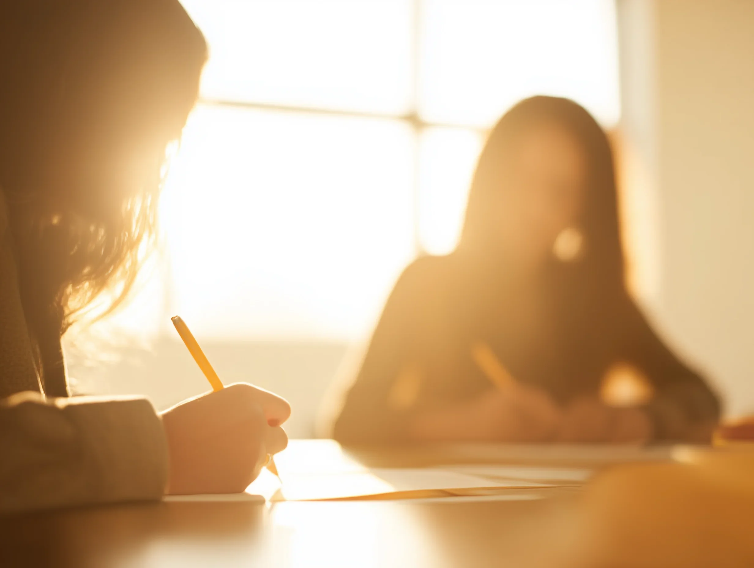 A person writing with a yellow pencil on a piece of paper, with sunlight coming through a window illuminating the scene. Another person is sitting across from them, slightly blurred.