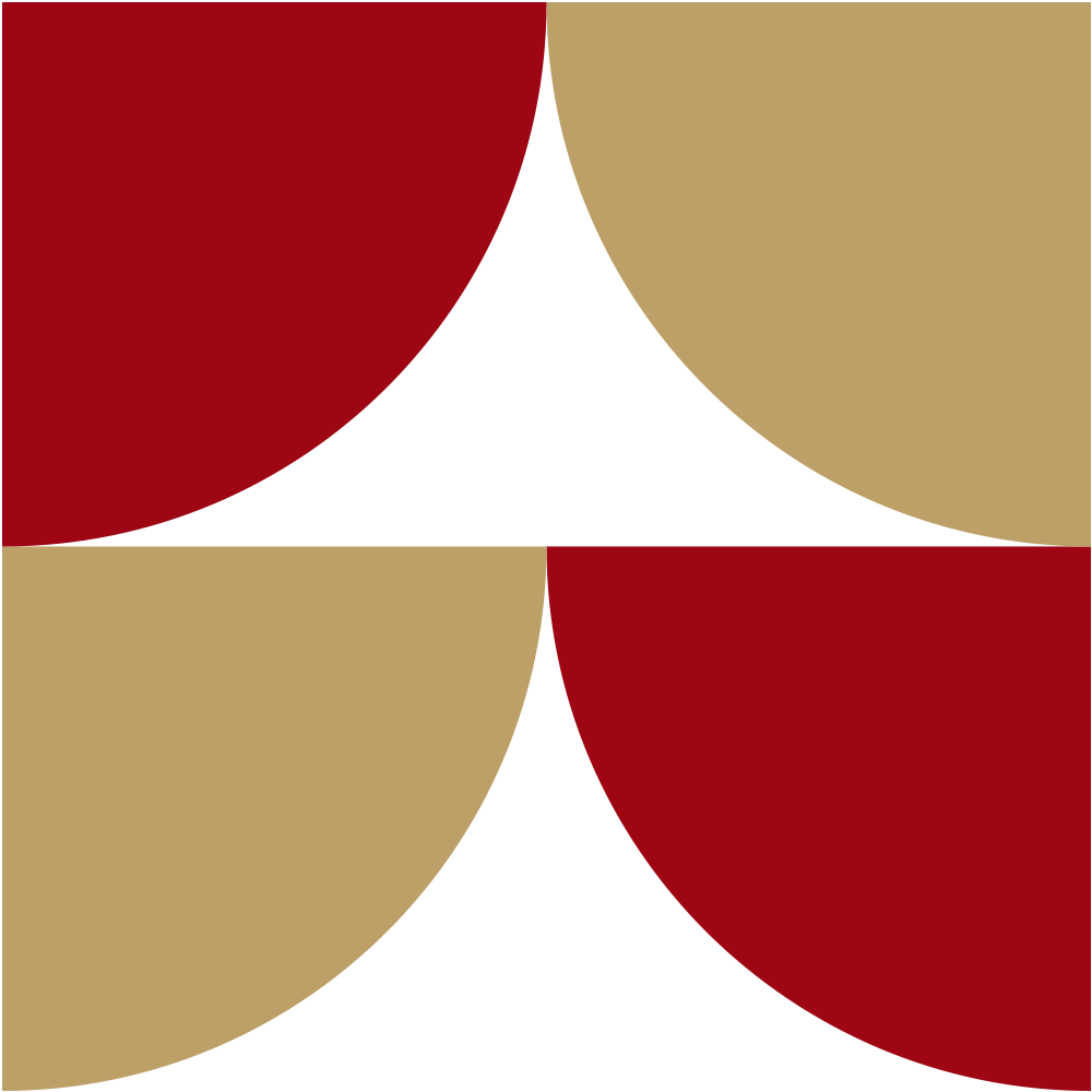 A geometric abstract pattern featuring four quarter circles in red and gold, arranged in a grid with black triangles between them.