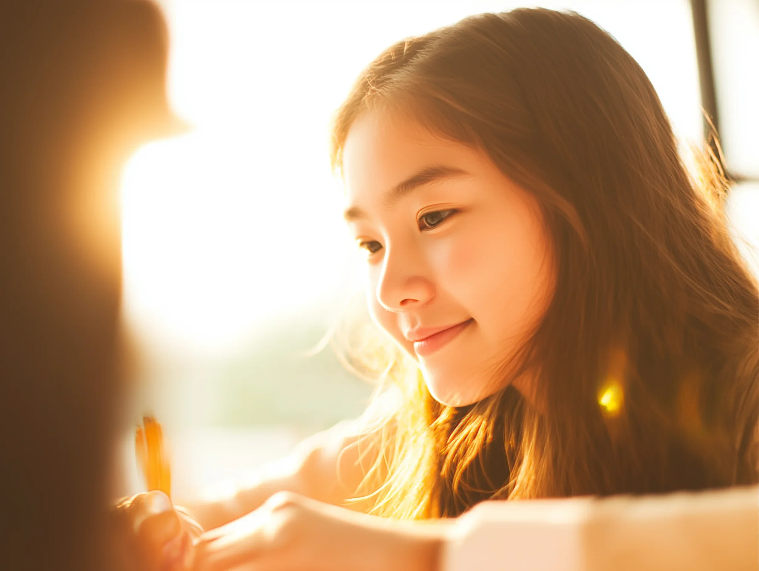 A young girl with long, wavy hair writing with a pencil, smiling gently as sunlight streams in from a window behind her.