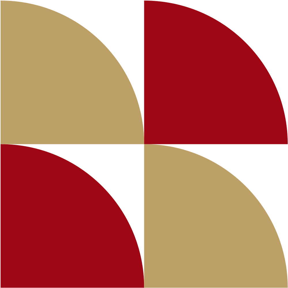 A geometric design with four quadrants, featuring beige and red semi-circles on a black background.