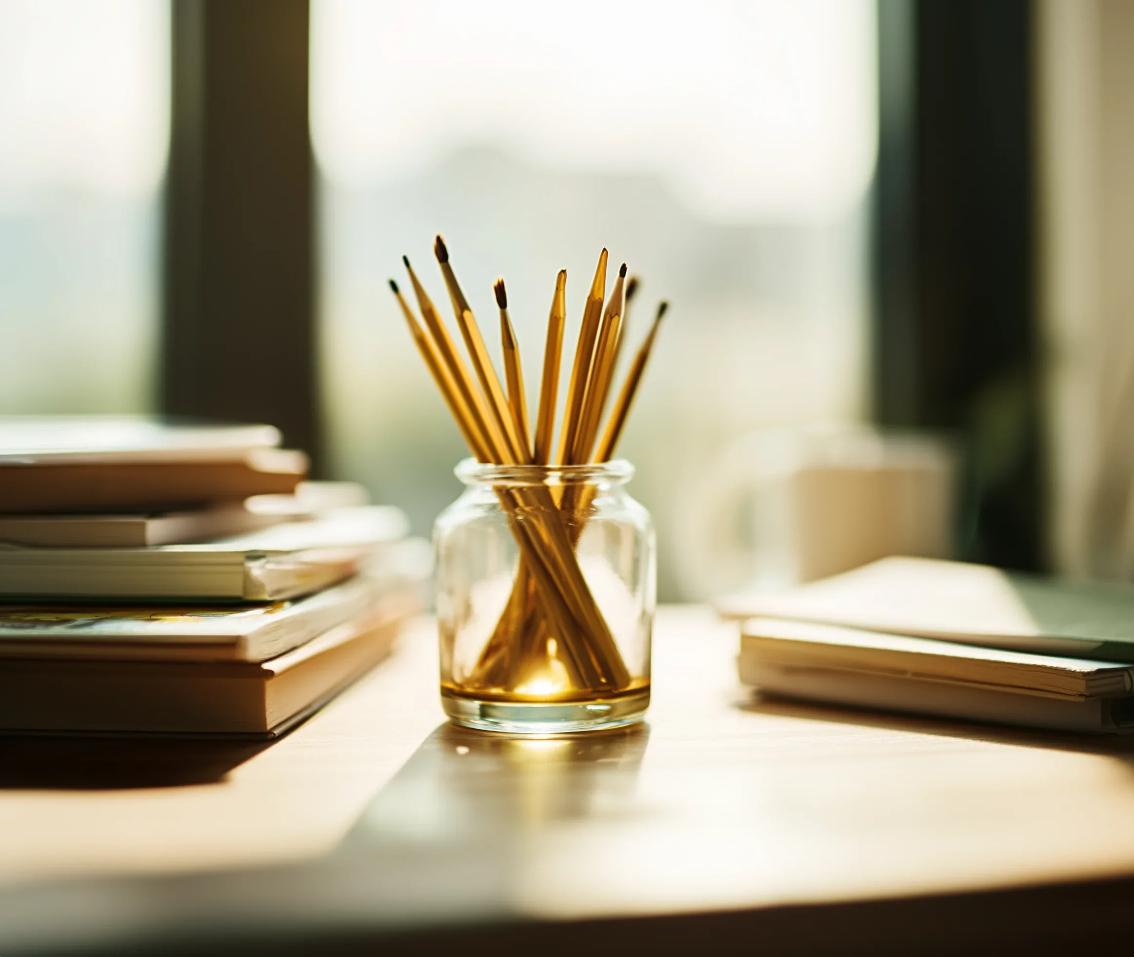 A clear glass jar holding yellow colored pencils on a desk with notebooks and papers, in a space with natural light.