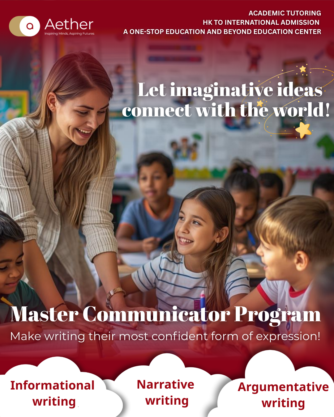 A teacher guiding young students in a classroom, promoting a communication program for confident expression in writing, focusing on different types of writing including informational, narrative, and argumentative.