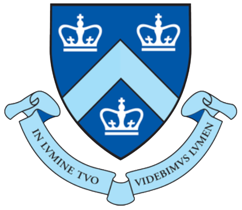 The emblem of the University of Toronto features a blue shield with a white chevron and three crowns, and a blue ribbon with Latin motto.