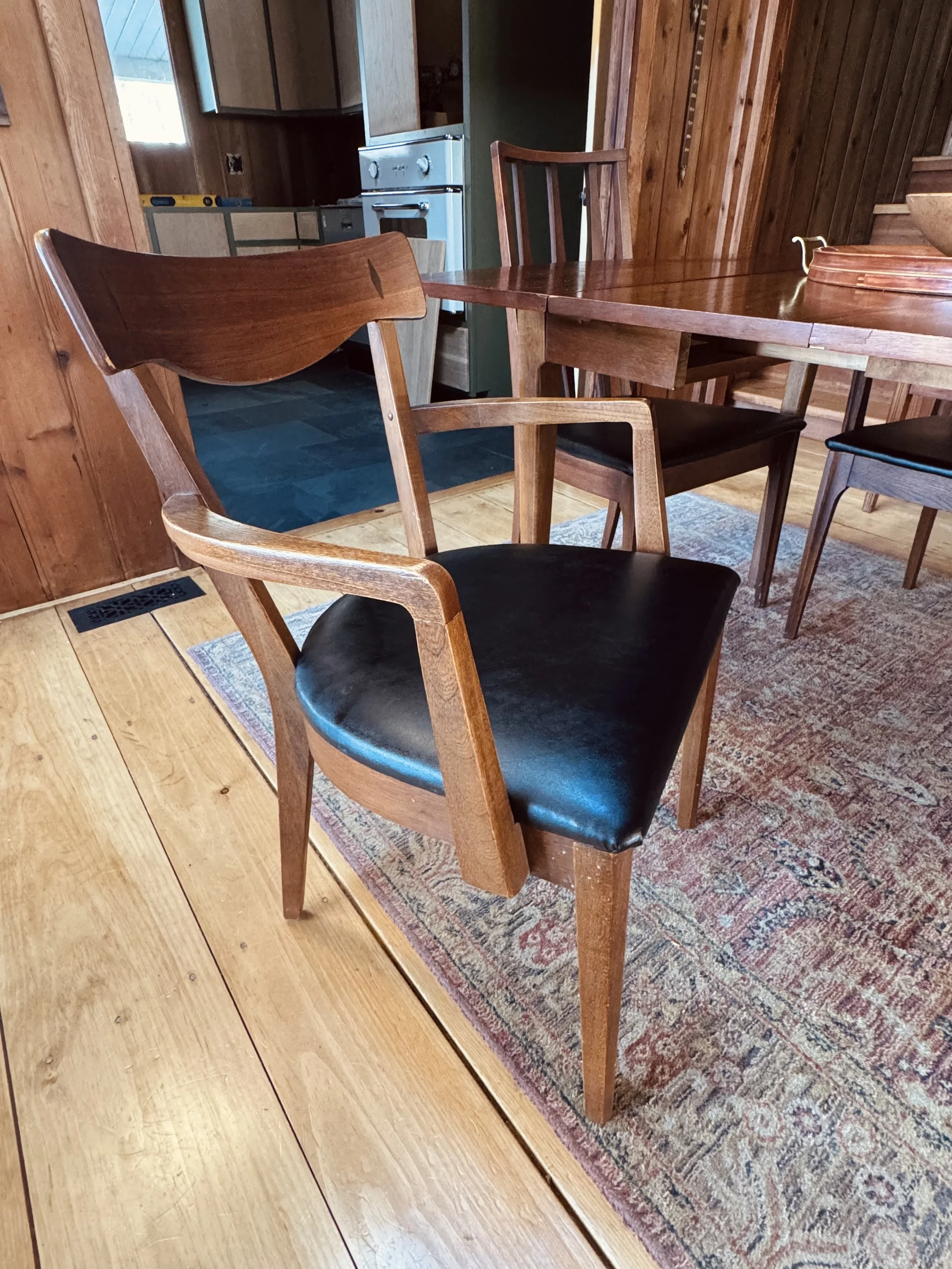 mid century modern MCM black leather chairs walnut wood