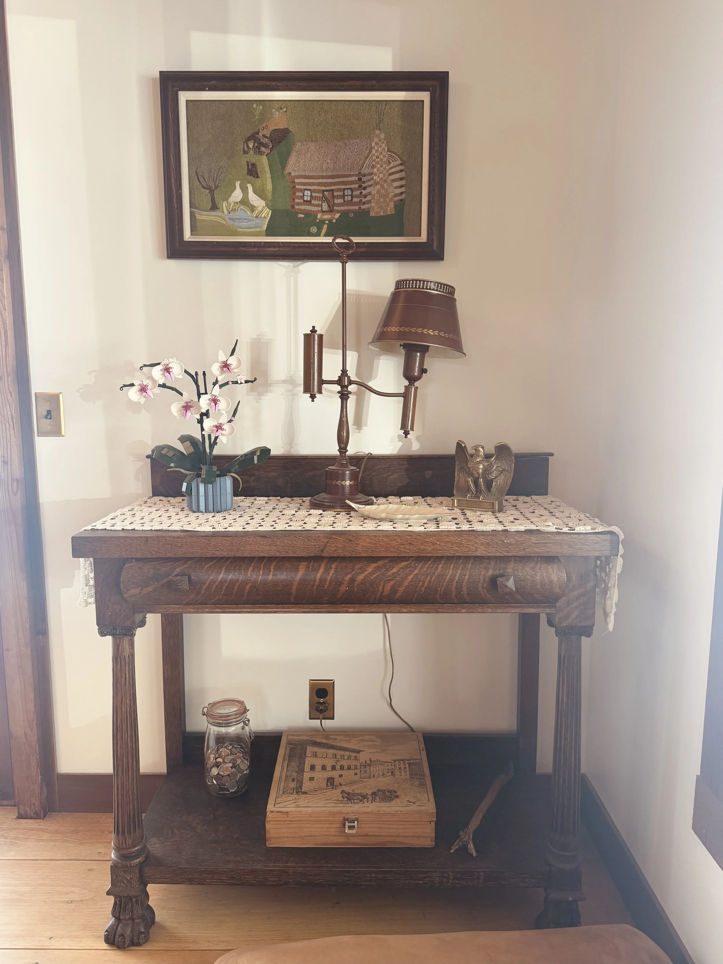 vintage entrance table french lamp gold eagle bookend lego orchid stitch antique artwork