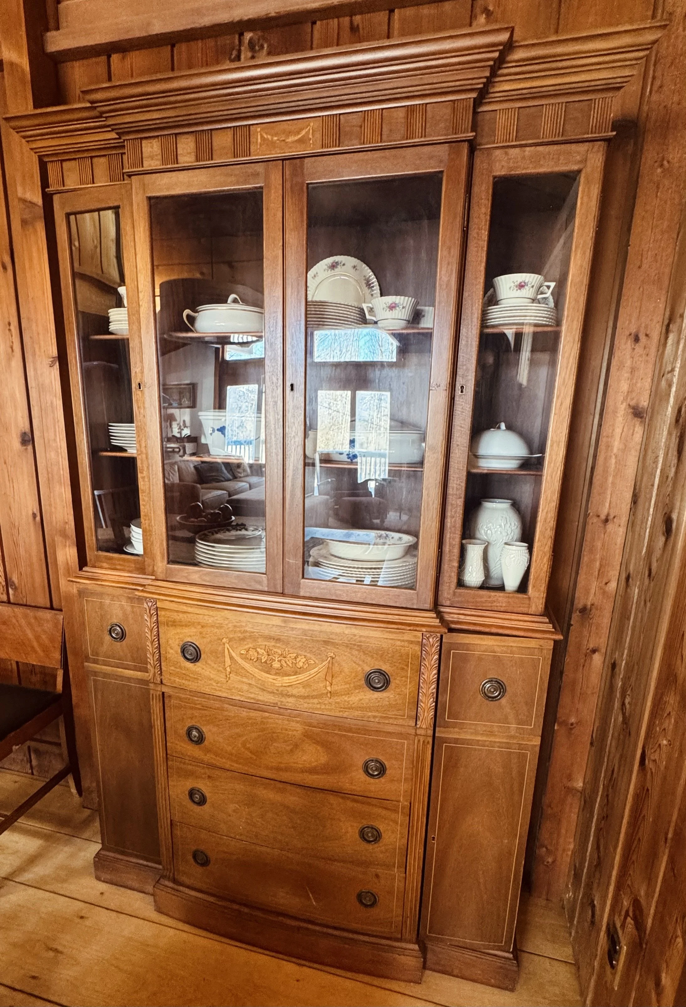 antique wood glass hutch dining room dishes